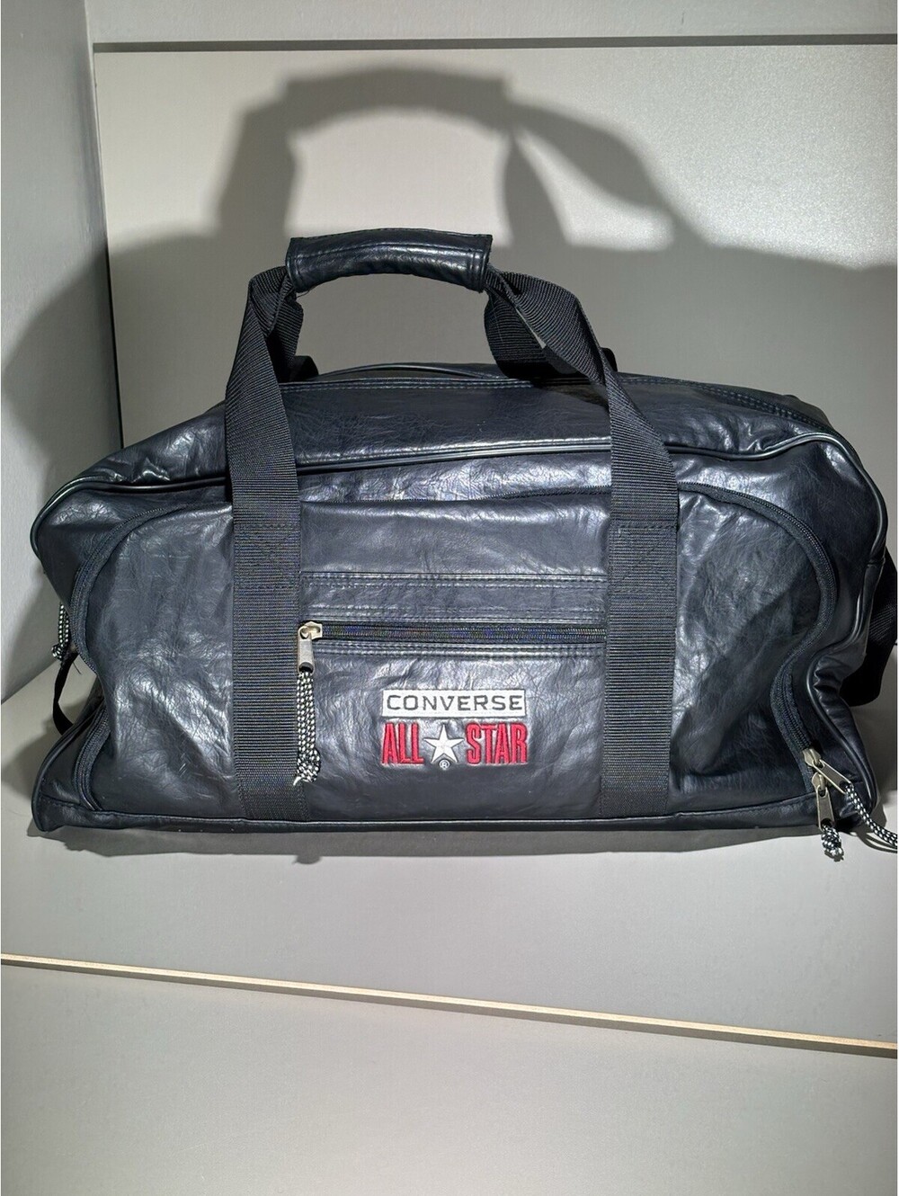 Vintage Converse All Star Duffle Bag Black Faux Leather 90s Gym Travel 22" Clean